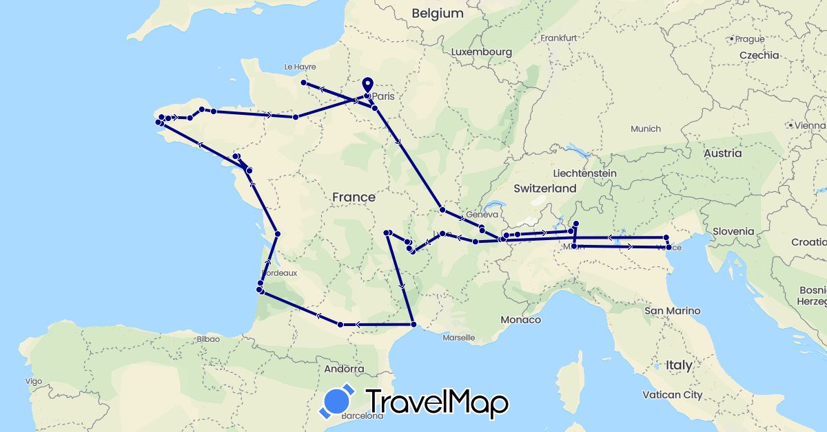 TravelMap itinerary: driving in France, Italy (Europe)